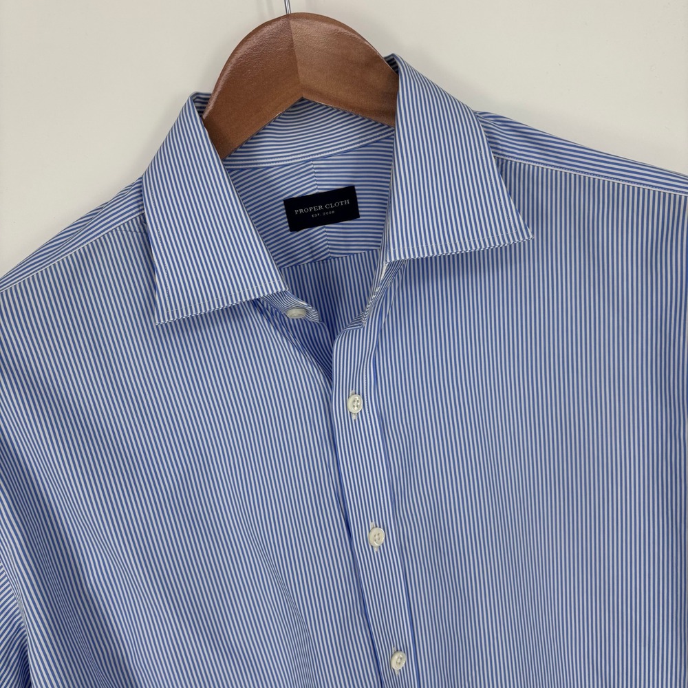 Proper Cloth Blue White Striped Spread Collar Dress Shirt Mens 16 35 Tailored